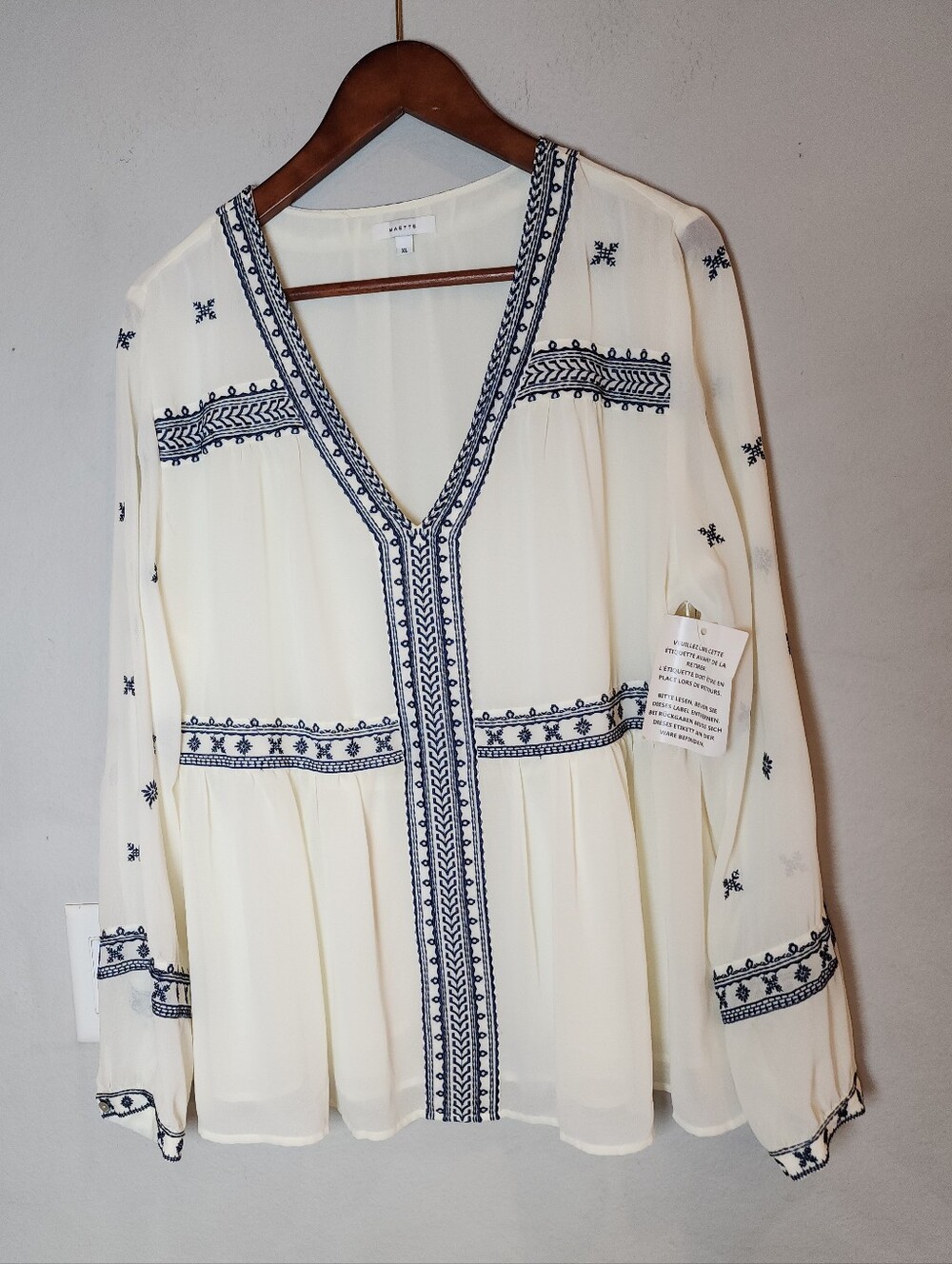 NWT Maette Embroidered Blouse Prairie Peasant Boho Chiffon Ivory Blue Size XL
